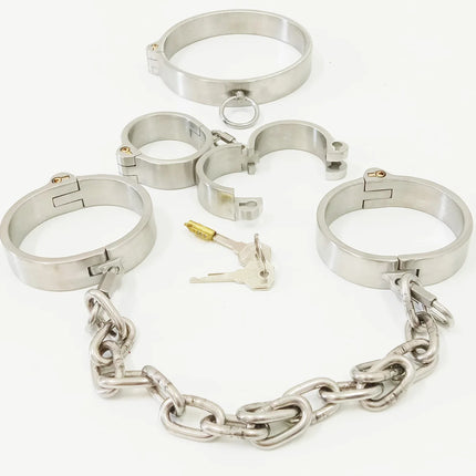 Stainless Steel Detachable Buckle Chain Lockable Neck Collar Wrist Handcuffs Ankle Cuffs Slave BDSM Bondage Restraints Sex Toys