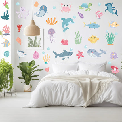 Cartoon Marine Life Wall Stickers for Kids Room Bathroom Wall Tile Decals Octopus Sea Turtle Fish Wall Posters Home Decoration
