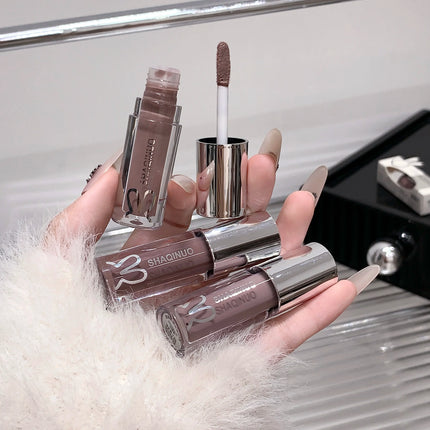 SHAQINUO Water Light Mirror Lip Gloss Lasting Moisturizing Cool Black Silver Gray Pearlescent Fine Sparkling Lipstick Lip Oil