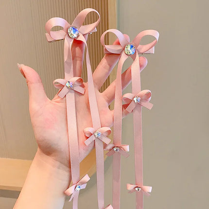 2PCS/Set Long Ribbon Bow Hair Clips for Girl Shiny Rhinestone Braided Hairband Sweet Baby Tassel Headdress Kids Hair Accessories