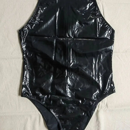 Wet Look PVC Sleeveless Catsuit Shiny PU Leather Tank Bodysuit Tights High Cut Sukumizu Swimsuit Body Teddies Leotard Unitard
