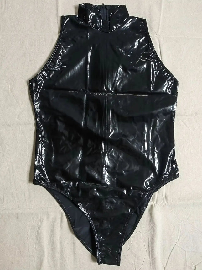Wet Look PVC Sleeveless Catsuit Shiny PU Leather Tank Bodysuit Tights High Cut Sukumizu Swimsuit Body Teddies Leotard Unitard