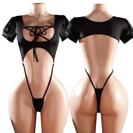 Erotic Open Bra Lingerie Crotchless Underwear Sexy Costume Deep V Open Hollow Bodysuit Hanging Neck Baby Doll Dress Cosplay Set
