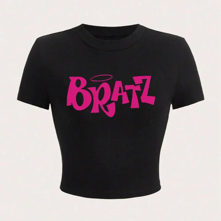 Personality Womens Crop T-Shirt Y2K Pink Bratz Letter Prints Short Sleeve High Elastic Soft O-Neck Tees Sexy Club Female Clothes