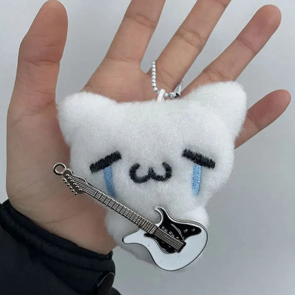 2pcs Cute Guitar Ghost Cat Couple Keychain Mini Crying Cat Doll Plush Keyring