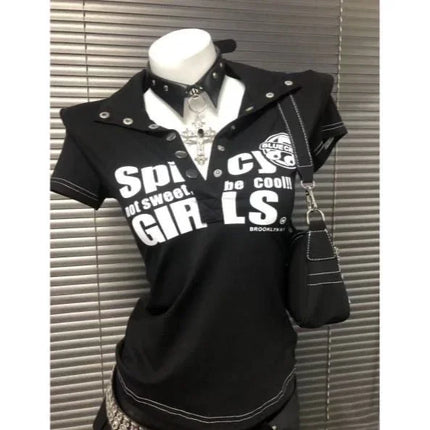 Y2K Japanese Streetwear Polo Shirt Women Slim Crop Tee 2025 White Short Sleeve Tops Letter Badge Houndstooth Vintage Harajuku