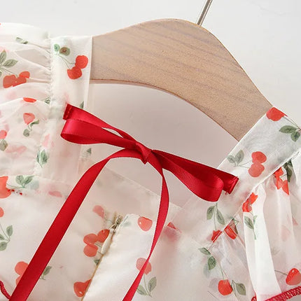 Baby 0-4 years old summer new sweet and cute bow dress dress cherry chiffon skirt girl thousands of net gauze idyllic skirt