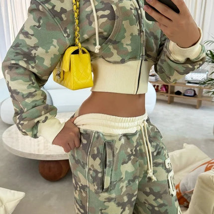 Women's 2-piece tailored camouflage hoodie sweatpants Casual long-sleeved zipper jacket Hip Hop Sweatshirt Sports Y2K sweatwear