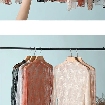 Trendy Sexy Women Mesh T-Shirts Transparent Lace Blouse Long Sleeve See Through Tops for Women O Neck Sheer Tees Body Crop Top