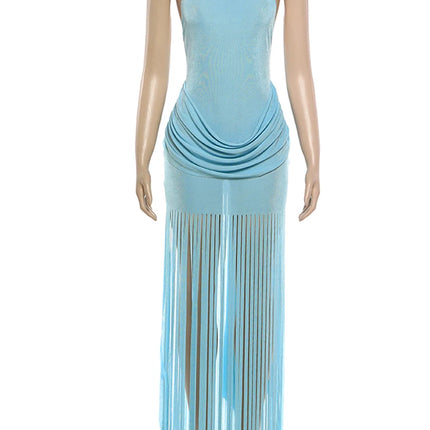 Weird Puss Halter Turtleneck Dress Women Velvet Ruched Patchwork Tassel Hem Elegant Sexy Backless Valentine's Day Party Bodycon