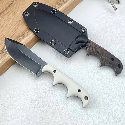 New outdoor small straight knife, stone washed blade camping edc survival knife, white/wood grain handle + k sheath tool.
