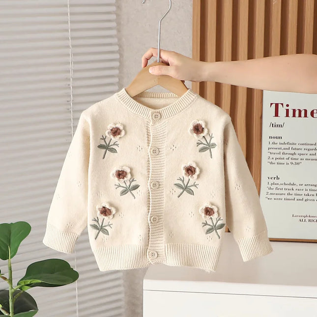 Girls Sweater 2025 New Flowers Cardigan Baby's Fashionable Spring Autumn Knitwear Warm Embroidery Children Knitted Coats IY06091
