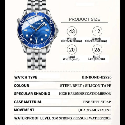 BINBOND Brand New Fashion Ultra-thin Sea Horse Series Men's Business Quartz Watches Waterproof Luminous Sports Casual Men's Watch
