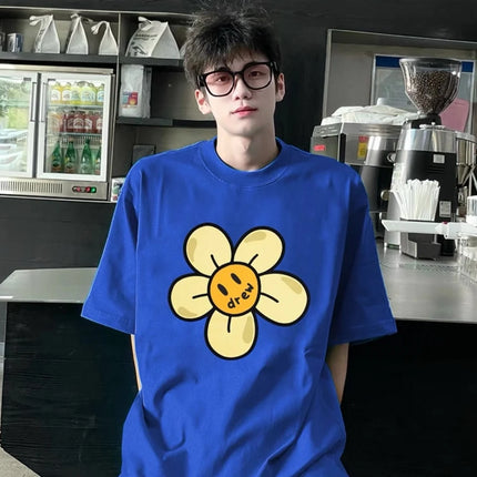 Drew House New Men's Clothing Flower Printed Logo T Shirt Men's and Women's Printed Loose Short Sleeve T-Shirt Ropa Hombre