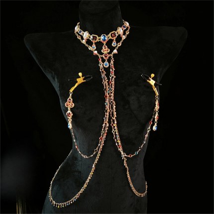 Rhinestone Body Chain Set with Nipple Clamps Back Chain and Waist Chain Luxury Multicolor Crystal Body Jewelry for Night Club