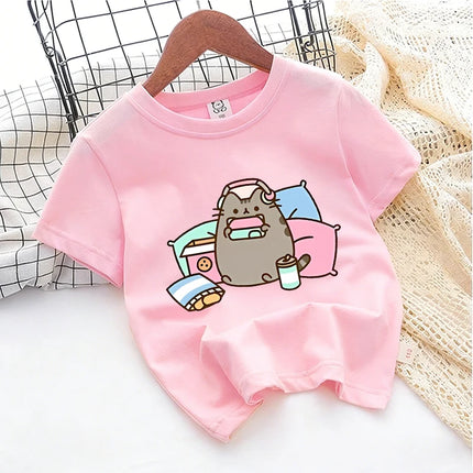 Cute Pusheens Children's Cotton T-shirt Short Sleeve Clothes Anime Popular Cartoon Kids Girl Tees Streetwear Toddler Casual Tops