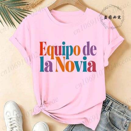 Women's Casual Short Sleeve T-Shirt Spanish Girl Bachelorette Party Graphic T-Shirts- Black White, Medium Stretch Round Neck