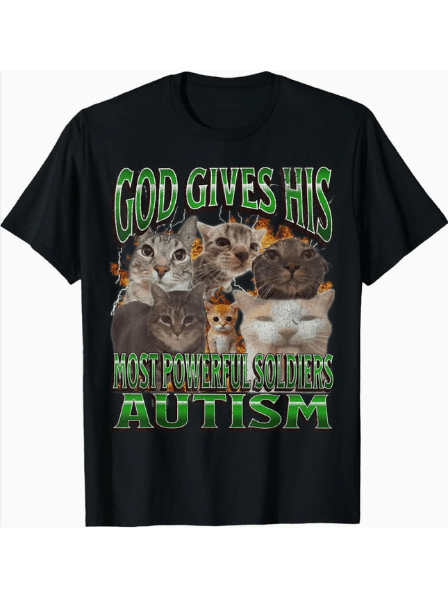 "God Gave Him The Strongest Warrior: Autism" Cat Pattern T-Shirt - Fun Autism Awareness Promotional T-Shirt Women Clothing Y2K