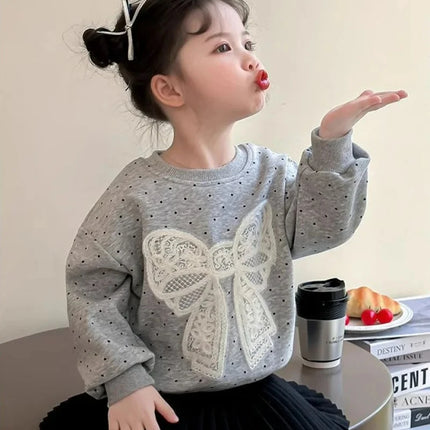 Toddler Baby Girl Big Lace Bow Sweatshirt Casual Infant Cotton Loose Dot Pullover Children Round Neck Long Sleeve Top Clothes