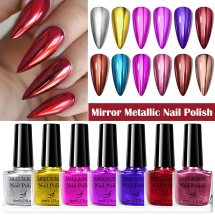 MEET ACROSS 8ml Glass Bottle Metallic Nail Polish Super Silver Gold Mirror Effect Nail Art Polish DIY Manicure Without Lamp