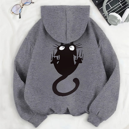 Women's casual hoodie sweatshirt with cute cat pattern print round neck long sleeves for autumn and winter warmth, regular style