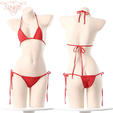Sexy Japanese Style Mini Bandage Bikini Set Three-Point Strap Bra G-string Polyester Fabric Women's Underwear