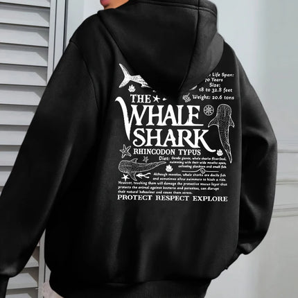 Creative Whale Shark With Letters Print Woman'S Streetwear Soft Trendy Hoodies Solid Color Warm Clothes Loose Hip Hop Hoody