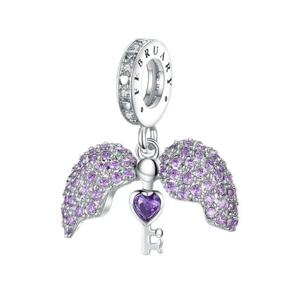 925 Sterling Silver Inlaid Heart-Shaped Beads & Rose Dangle Charm Fits Snake Bracelet Boutique Necklace Purple Pendant Gift