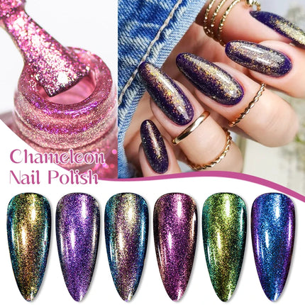 2pcs 8ml Chameleon Nail Polish Set Gorgeous Glitter Galaxy Chrome Holographic Nail Polish No-Bake Quick Dry Long-Lasting Nails