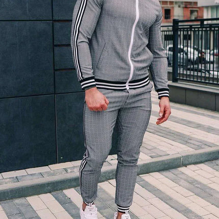 2025 Men Tracksuit 2pc Set Gym Hiking Plaid Zipper Hoodie Cargo Pants Autumn Athleisure Outfit Fleece Jogger Sportswear