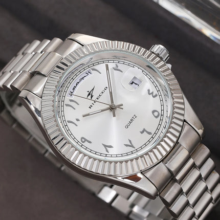 Business quartz watch with Arabic numeral markers, date display, textured dial, and bezel design, suitable for both business and leisure.