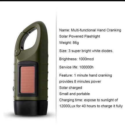 Solar Flashlight Portable Outdoor Hiking Hand Crank Rechargeable Emergency Camping Lights Multi-functional Emergency Light