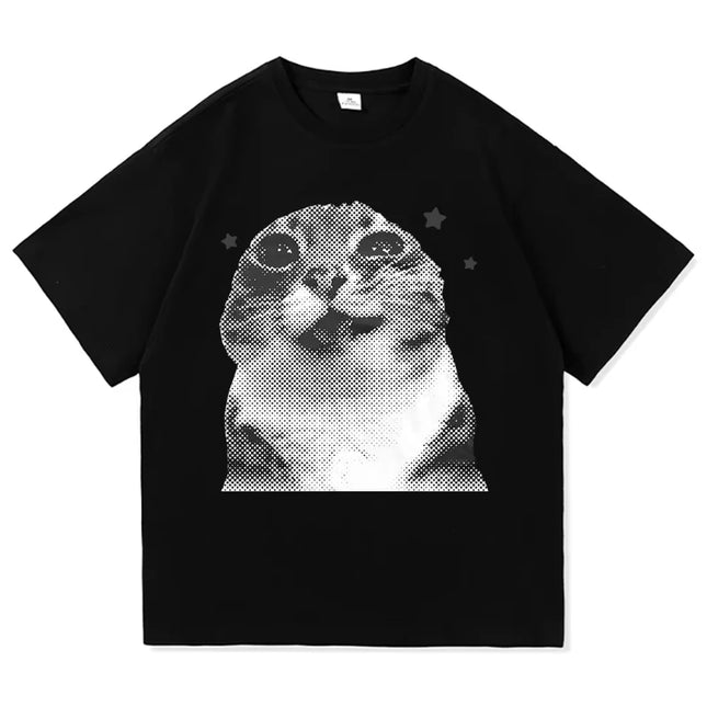 Y2K Funny Cat Meme T-Shirt Clothing Harajuku Tops O-Neck Short Sleeve T-Shirts Girl Harajuku Anime Cartoon Cat Female Summer Tops