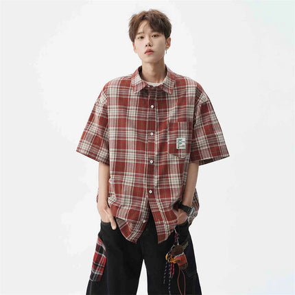 Summer High Street Fashion Plaid Short Sleeve Shirts Men's Pocket Appliques Baggy T Shirt 2026 New Y2K Vintage Luxury Blouse