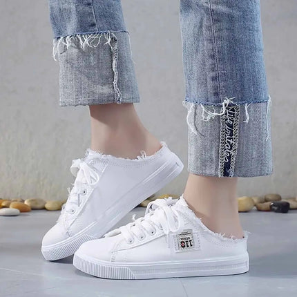 Womens Half Slipper Sneakers Comfortable Women Casual Shoe Lace-up Women Flat Shoes Breathable Canvas Shoes Anti-slip Zapatillas