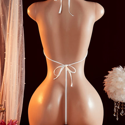 Sexy Women Bikini Set One Piece Bra And Thong Lingerie Halter Neck Solid Tie Up Bow Backless Sleeveless Triangle Bathing Suit