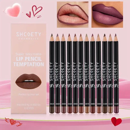 12pcs Professional Lip Liner Pens Set 12 Colors Matte Non-Stick Nude Lipstick Pencils Long-Lasting Moisturizing Lip Makeup Kit