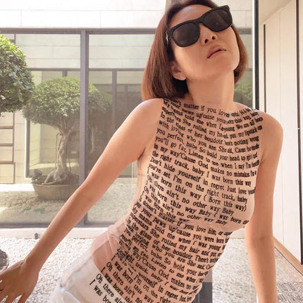 Fashion Trendy Round Collar Sleeveless Tank Mesh Sexy Article Print Slim Casual Top Women Hipster Wear