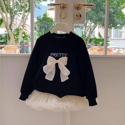 Bear Leader Spring and Autumn Fashion New Girls' Pullover Bow Black Long Sleeved Top Korean Version Children's Casual Wear