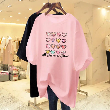 Summer Fashion Hand-Painted Love Printing Basic T-shirt Women Cotton Casual Loose O-neck Short Sleeve Top Tee 40-105Kg Pullovers