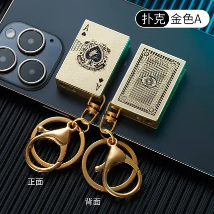 Metal Poker Keychain Pendant Inflatable Lighter Mini Compact Side Slip Butane Open Fire Outdoor Portable Lighter Men's Gift