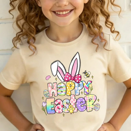 2026 Happy Easter T-Shirt for Girls Bunny Cute Rabbit Ear Letter Graphic Summer Tee Boys Girls Short Sleeve Children's Clothing