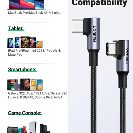 UGREEN 90 Degree PD100W USB C to USB C Charging Cable for iPhone 17 Samsung MacBook iPad Quick Charger 4.0 PD Fast Charging Cord