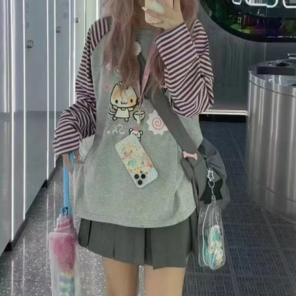Japan Kawaii Sweet Women T-Shirt O-Neck Stripe Patchwork Long Sleeve Cartoon Print Loose Pullover Casual Cute Top Youth Vitality