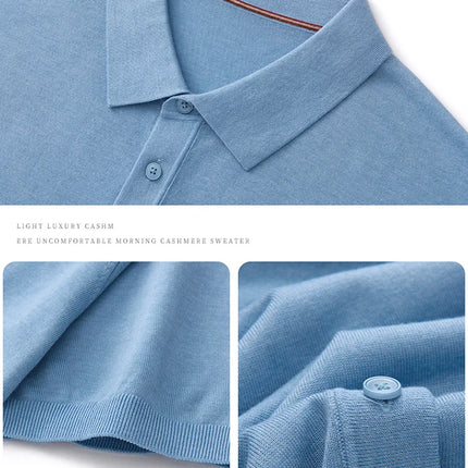 100% Lyocell men's T-shirt casual solid color knitted pullover short sleeved loose POLO collar Tees Pull on vest Tops