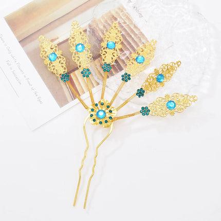 New Golden Alloy Leaf Crystal Flower Hairpin Hair Accessories for Women Thailand Ethnic Dance Party Decoration Headwear Jewelry