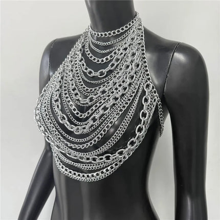 Summer Women Metal Chain Tank Top Sexy Hollow Out Backless Deep V Neck Halter Neck Crop Top Rave Party Nightclub Camisole New