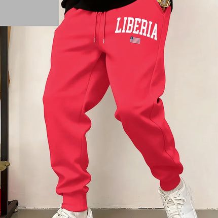 Liberia Flag Letter Printed Sweatpants Mens Basics Fleece Warm Jogger Pants Casual Pocket Trousers Winter Loose Male Clothes