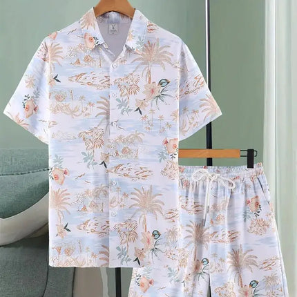 2025 Simple All-in-one Men's Shirt Set Coconut Tree Print 3D Printed Shirt And Shorts Set Summer Casual Vacation Hawaiian Shirt