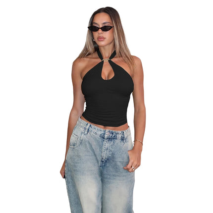 Hugcitar Women's Fashion Halter Solid Loop Backless Bandage Sexy Crop Tank Top 2025 Summer Casual Clothes Streetwear Vacation Club